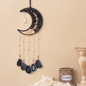 Décoration murale lune en obsidienne avec arbre de vie et tranches d'agate noire