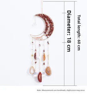 Attrape-soleil lune arbre de vie doré avec cristaux rouges et tranches d'agate naturelle