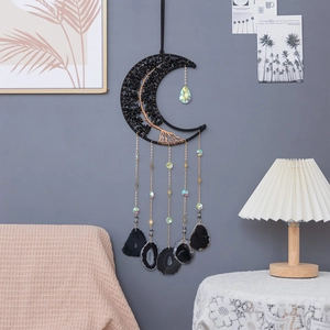 Décoration murale lune arbre de vie en obsidienne avec chaînes et tranches d'agate