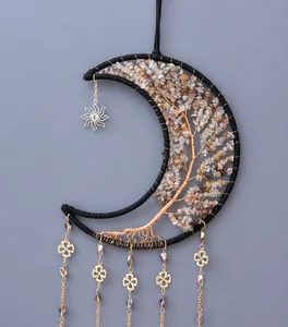 Detailed moon dream catcher with tree of life copper wire and yellow crystals
