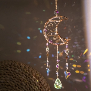 Moon Suncatcher Amethyst Handmade Wire Wrapped Crystal Prism Rainbow Maker Boho Window Hanging Home Decor Ornament