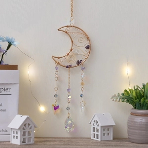 Handmade moon suncatcher with amethyst stones and iridescent teardrop crystal pendant