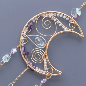 Handmade moon suncatcher with amethyst stones and crystals on gold wire wrap
