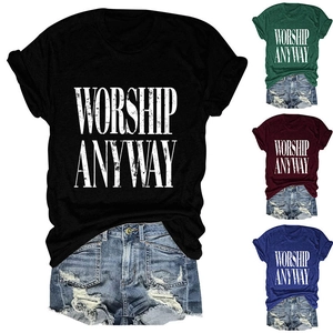 Detail of WORSHIP ANYWAY crewneck t-shirt fabric and print available in four classic colors