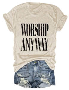Detail of oat beige t-shirt with Worship Anyway print and rolled cuffs on white background