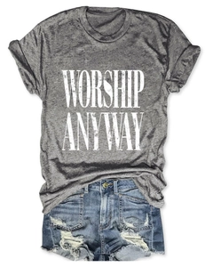 Detail of heather grey t-shirt with Worship Anyway print and distressed denim shorts