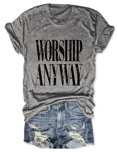 Close-up of WORSHIP ANYWAY print on dark gray heather cotton t-shirt with denim shorts