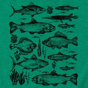 Close-up of black hand-drawn fish and seaweed prints on turquoise knit t-shirt fabric