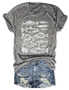Detailed view of white fish encyclopedia print on a heather grey crew neck t-shirt