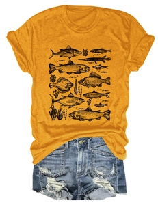 Detail of vintage fish and seagrass print on ginger yellow cotton crew neck T-shirt