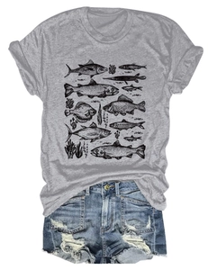 Detailed flat lay of grey cotton T-shirt with vintage fish print and distressed denim shorts