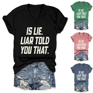 Women V Neck Short Sleeve T Shirt Cotton Blend Graphic Letter Print Side Knot Loose Casual Fashion Tee