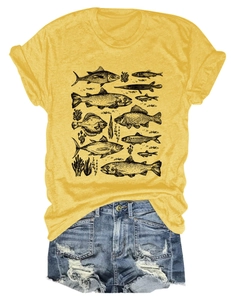 Detail of yellow round neck T-shirt with hand-drawn fish and coral print and denim shorts