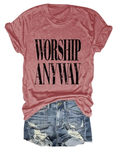 Detail showing vintage brick red t-shirt with Worship Anyway print and premium fabric texture