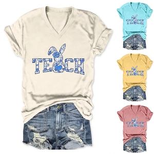 Detail of V-neck T-shirts with TEACH rabbit graphic in white, blue, yellow, and red colors
