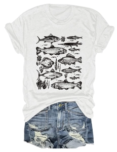 Flat lay of white cotton T-shirt featuring vintage black fish and coral sea life prints