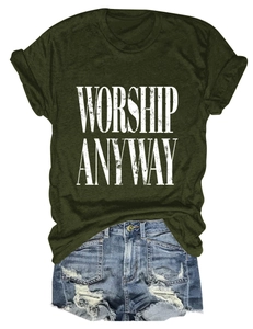 Flat lay of olive green crew neck T-shirt with Worship Anyway print and denim shorts