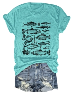 Detail of teal cotton T-shirt featuring artistic fish and seaweed prints with denim shorts