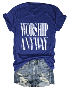 Detail of navy cotton t-shirt with Worship Anyway print and distressed denim shorts