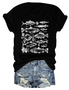 Detailed flat lay of black T-shirt featuring white hand-drawn fish and coral prints