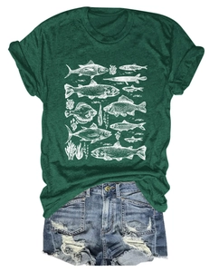 Close-up of green cotton T-shirt with white fish print and distressed denim shorts