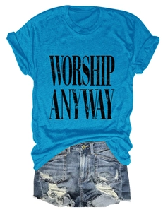 Detailed view of sky blue round neck T-shirt with black WORSHIP ANYWAY print and denim shorts
