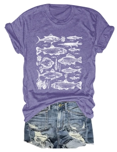 Detail of purple fish print T-shirt with scientific illustrations and denim shorts