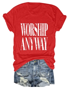 Detail of red crew neck T-shirt with vintage white Worship Anyway print and denim shorts