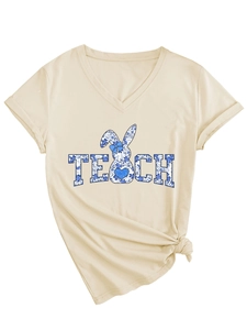 Detail of V-neck T-shirt featuring blue floral TEACH lettering and a bunny silhouette