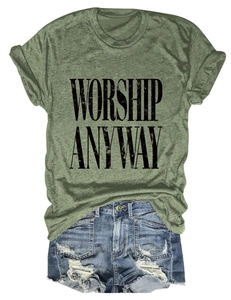 Flat lay of Army Green crewneck T-shirt with Worship Anyway text and ripped denim shorts