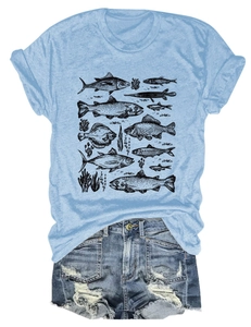 Detail of fish and coral sea plants illustration on light blue summer cotton t-shirt