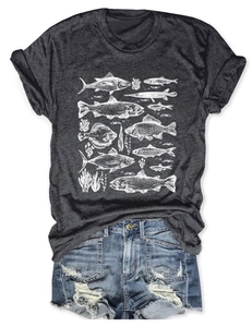 Lay flat view of gray T-shirt with fish prints and distressed denim shorts summer set
