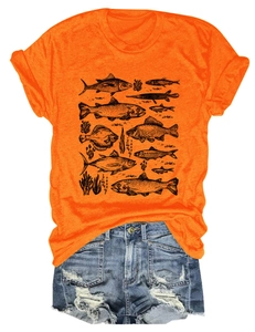 Detail of vibrant orange round neck T-shirt with vintage black fish and coral print
