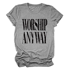 Detail showing vintage Worship Anyway print and rolled cuffs on grey cotton t-shirt