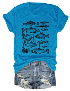 Close-up of vintage fish and seaweed print on blue crew neck cotton blend t-shirt