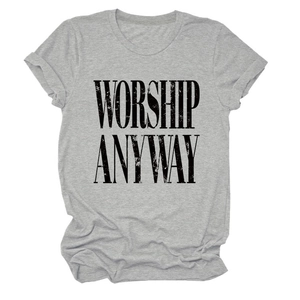 Detail of fixed cuffed sleeves and vintage texture on gray Worship Anyway t-shirt