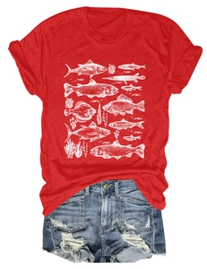 Detail of red crew neck T-shirt with white sea fish print and ripped denim shorts
