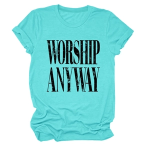 Flat lay of mint green cotton t-shirt with black WORSHIP ANYWAY vintage print