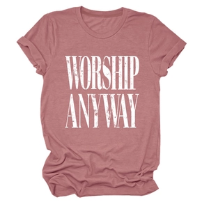 Detail of dusty pink T-shirt featuring vintage white WORSHIP ANYWAY print and rolled sleeves