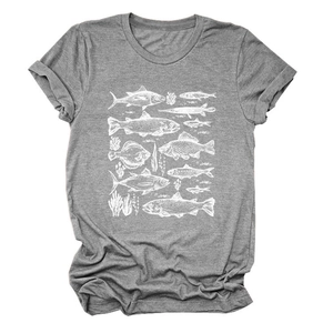 Detail of rolled cuffs and white fish hand-drawn print on a grey cotton-blend T-shirt