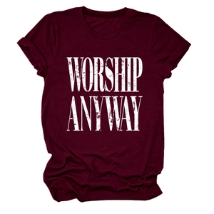 Detail of burgundy T-shirt with distressed white Worship Anyway slogan and rolled sleeves