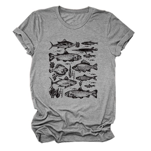 Detail of grey crew neck T-shirt featuring vintage black and white fish sketch prints