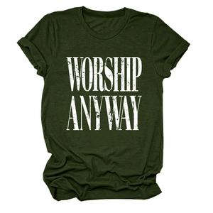 Detail of olive green t-shirt showing the vintage Worship Anyway graphic print