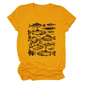 Detail of vintage fish school print and seagrass graphic on yellow cotton T-shirt