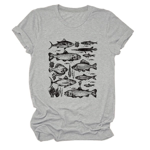 Close-up of vintage fish and sea plant scientific illustration on grey T-shirt fabric