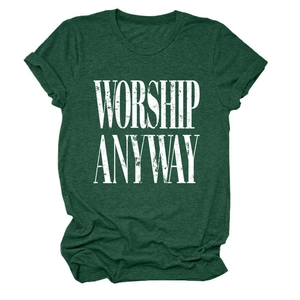 Detail of the distressed white letters WORSHIP ANYWAY on a dark green cotton blend T-shirt