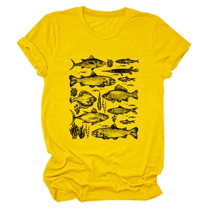 Detail of vintage hand-drawn fish illustrations on a yellow crew neck cotton T-shirt