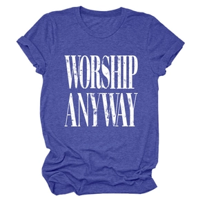 Detail of Heather Blue short sleeve T-shirt with vintage white Worship Anyway graphic