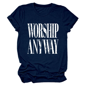 Detail of vintage cracked Worship Anyway print on navy blue short sleeve t-shirt