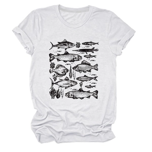 Close-up of vintage fish illustrations and coral patterns on white cotton t-shirt